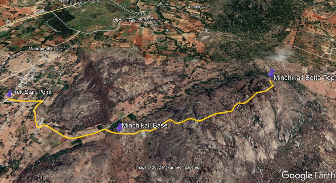 Route map of Minchukallu Betta Trek. Screenshot from Google Earth Pro
