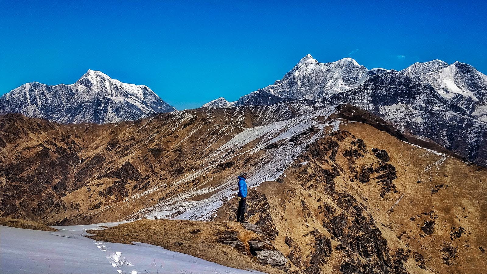 A trekker standing at the entrance of a ridge walk section with Mt Trishul in backdrop 